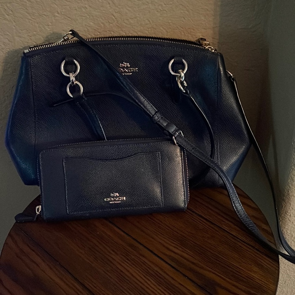Navy blue coach purse and matching wallet